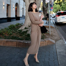 画像をギャラリービューアに読み込む, ファッション無地クルーネック長袖気質通勤ロングニットデートワンピース