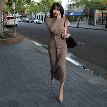 画像をギャラリービューアに読み込む, ファッション無地クルーネック長袖気質通勤ロングニットデートワンピース