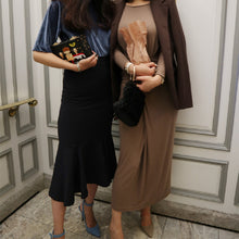 画像をギャラリービューアに読み込む, ファッション無地クルーネック長袖気質通勤ロングニットデートワンピース