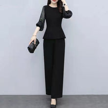 画像をギャラリービューアに読み込む, ブラック無地エレガント女性ファッションシフォントップス&無地ワイドレッグパンツセットアップ