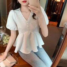 画像をギャラリービューアに読み込む, チェック柄ボタン飾るパフスリーブホワイト無地コーデしやすいシフォンシャツ・ブラウストップス