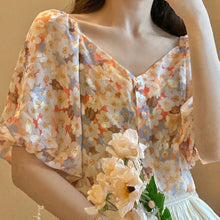 画像をギャラリービューアに読み込む, 花柄シースルーパフスリーブブラウスデートコーデトップス