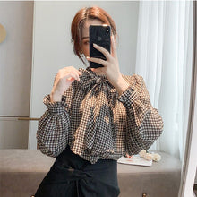 画像をギャラリービューアに読み込む, チェック柄千鳥格子ボウタイブラウス・シャツトップス