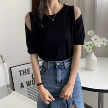 画像をギャラリービューアに読み込む, 肩開きニット無地半袖トップス