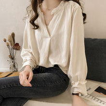 画像をギャラリービューアに読み込む, 3カラーキーネックフラウンススリーブ通勤OLコーデシャツブラウストップス