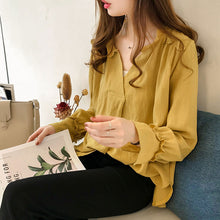画像をギャラリービューアに読み込む, 3カラーキーネックフラウンススリーブ通勤OLコーデシャツブラウストップス