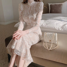 画像をギャラリービューアに読み込む, レース花柄高品質ウエストブラウス&マーメイドスカートセットアップ二次会結婚式