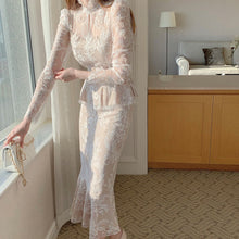 画像をギャラリービューアに読み込む, レース花柄高品質ウエストブラウス&マーメイドスカートセットアップ二次会結婚式
