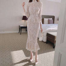 画像をギャラリービューアに読み込む, レース花柄高品質ウエストブラウス&マーメイドスカートセットアップ二次会結婚式