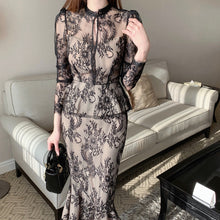 画像をギャラリービューアに読み込む, レース花柄高品質ウエストブラウス&マーメイドスカートセットアップ二次会結婚式