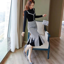 画像をギャラリービューアに読み込む, 気質アップ無地ニットトップス&チェック柄切替マーメイドワンピースセットアップ