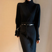 画像をギャラリービューアに読み込む, 気質よいハイネック無地セーター&2colorsスリットロングスカートセットアップ