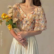 画像をギャラリービューアに読み込む, 花柄シースルーパフスリーブブラウスデートコーデトップス