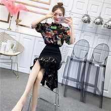 画像をギャラリービューアに読み込む, フリル裾花柄シフォントップス&無地レース切り替えスカート通勤セットアップ