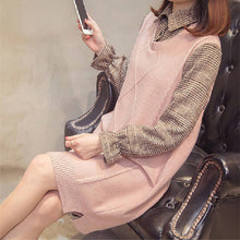 画像をギャラリービューアに読み込む, 5カラー選択チェック柄長袖ニット切り替えゆったり着痩せ効果カジュアルワンピース