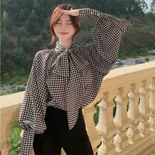 画像をギャラリービューアに読み込む, フランスファッション千鳥格子蝶結び付きパフスリーブ高級感シャツ・ブラウストップス