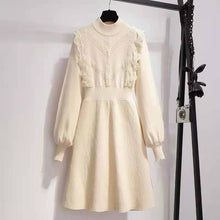 画像をギャラリービューアに読み込む, フリル裾レース切り替えデザインスタイル長袖コーデしやすいニットデートワンピース