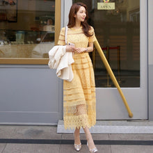 画像をギャラリービューアに読み込む, レース透かし彫りイエロー無地半袖デートワンピース優雅ワンピースエレガントドレスパーティー