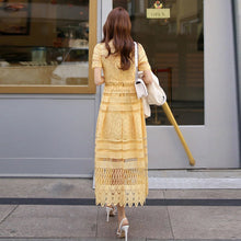 画像をギャラリービューアに読み込む, レース透かし彫りイエロー無地半袖デートワンピース優雅ワンピースエレガントドレスパーティー