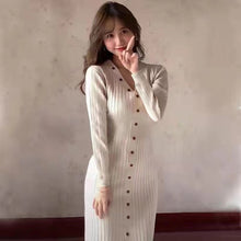 画像をギャラリービューアに読み込む, 【長袖追加】4カラー選択ニットボタン付きフリル裾エレガントワンピース