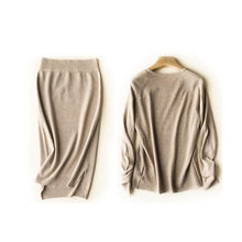 画像をギャラリービューアに読み込む, 3COLORSシンプル無地ラウンドネックニットトップス&スリットロングスカートセットアップ