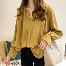 画像をギャラリービューアに読み込む, 3カラーキーネックフラウンススリーブ通勤OLコーデシャツブラウストップス
