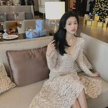 画像をギャラリービューアに読み込む, レースVネック透かし彫り袖デートワンピース二次会ドレス結婚式ドレス
