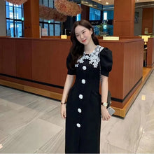 画像をギャラリービューアに読み込む, レース花柄ネック半袖パフスリーブデートワンピース通勤OLコーデ気質アップ
