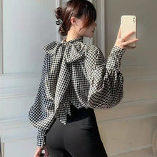 画像をギャラリービューアに読み込む, フランスファッション千鳥格子蝶結び付きパフスリーブ高級感シャツ・ブラウストップス