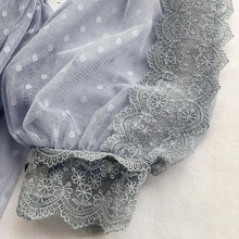 画像をギャラリービューアに読み込む, 優しい雰囲気花柄フリル裾メッシュ切り替え長袖ゆったり気質ロングデートワンピース