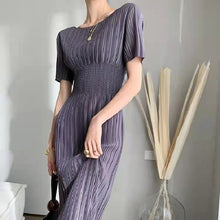 画像をギャラリービューアに読み込む, レデイースファッションストライプクルーネック無地半袖ハイウエストロングデートワンピース