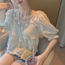 画像をギャラリービューアに読み込む, 2カラー選択透かし彫りレース切り替えパフスリーブカジュアルコーデしやすい写真通り