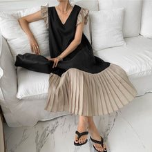 画像をギャラリービューアに読み込む, フリル裾プリーツ切り替えカジュアルロングワンピース