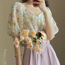 画像をギャラリービューアに読み込む, 花柄シースルーパフスリーブブラウスデートコーデトップス