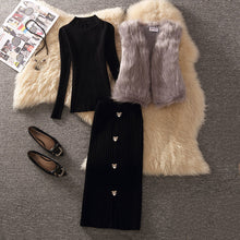 画像をギャラリービューアに読み込む, 三点セット3カラー暖かいファーベスト&無地合わせやすいトップス&ニットスカートセットアップ