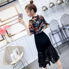 画像をギャラリービューアに読み込む, フリル裾花柄シフォントップス&無地レース切り替えスカート通勤セットアップ