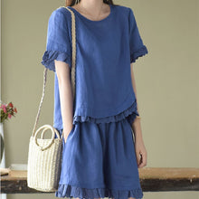 画像をギャラリービューアに読み込む, デザインスタイル不規則レース切り替えトップス&無地レース切り替え着痩せ効果ワイドレッグショーツセットアップ