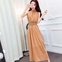 画像をギャラリービューアに読み込む, 優しい雰囲気シフォン無袖ファッション通勤気質無地ロングデートワンピース(ベルト付き)
