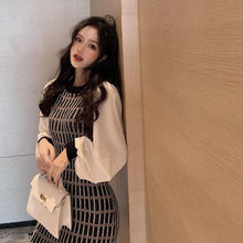 画像をギャラリービューアに読み込む, ニットチェック柄パフスリーブ切替ニットワンピースストレッチあり