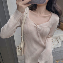 画像をギャラリービューアに読み込む, 韓国風秋冬長袖ニット気質Vネックストライプデザインスタイルロングカジュアルワンピース