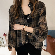画像をギャラリービューアに読み込む, 人気 長袖シンプル折襟ボタンチェック柄ブラウス