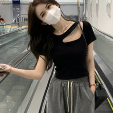 画像をギャラリービューアに読み込む, ショルダー肩開きデザイン半袖シンプル日常Tシャツトップス