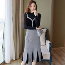 画像をギャラリービューアに読み込む, 気質アップ無地ニットトップス&チェック柄切替マーメイドワンピースセットアップ