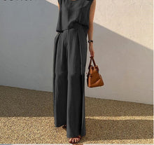 画像をギャラリービューアに読み込む, 無袖無地ベストトップス&カジュアルハイウエストパンツセットアップ