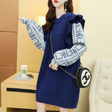 画像をギャラリービューアに読み込む, 秋冬フェイクレイヤードチェック柄切り替えニットセーターワンピース