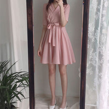 画像をギャラリービューアに読み込む, 折ネック無地半袖デートワンピース甘美エレガント
