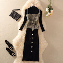 画像をギャラリービューアに読み込む, 美人度アップ三点セット無地ニットトップス&チェック柄ベスト&ハイウエストスカートセットアップ