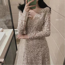 画像をギャラリービューアに読み込む, レースVネック透かし彫り袖デートワンピース二次会ドレス結婚式ドレス