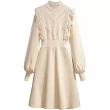 画像をギャラリービューアに読み込む, フリル裾レース切り替えデザインスタイル長袖コーデしやすいニットデートワンピース