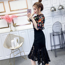 画像をギャラリービューアに読み込む, フリル裾花柄シフォントップス&無地レース切り替えスカート通勤セットアップ